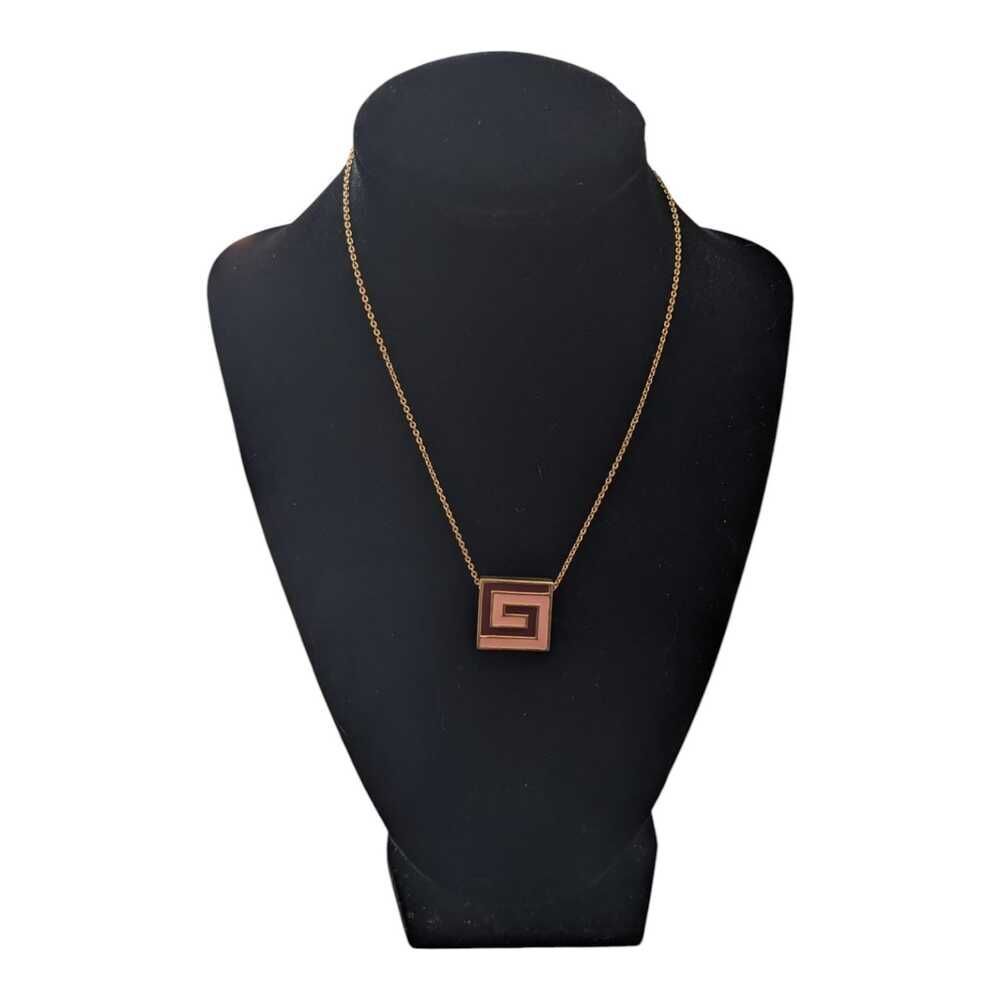 Givenchy G Logo Paris New York Square Gold Tone Pendant Necklace Purple Pink